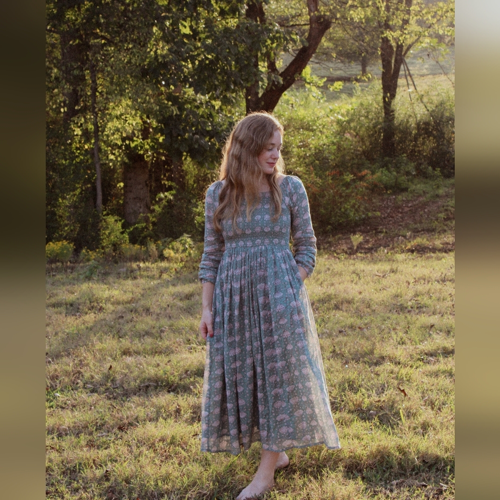 Mata Traders Sage Green Floral Maxi Dress with Pink Motif